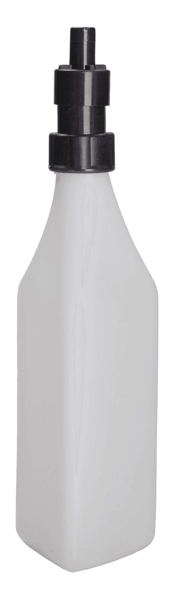 White plastic squeeze bottle with a black nozzle, typically used for dispensing sauces or condiments.