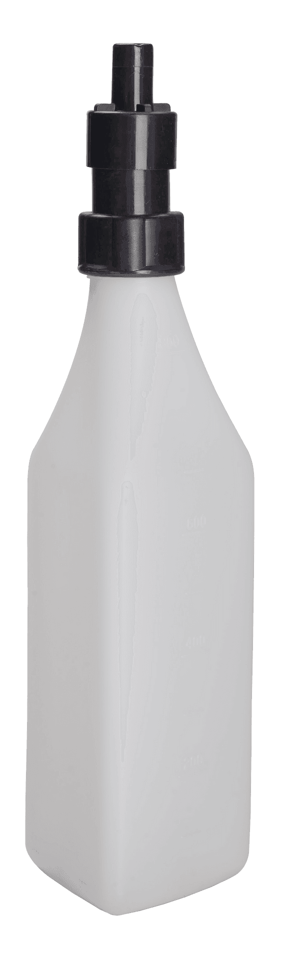 White plastic bottle with a black screw cap, designed for containing liquids, featuring a cylindrical shape.