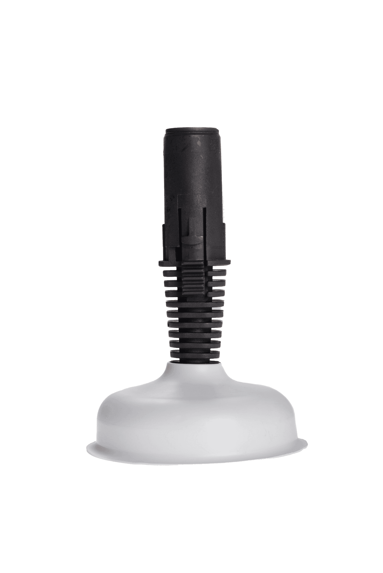 Black and white suction cup with a ribbed handle, isolated on a gray background.