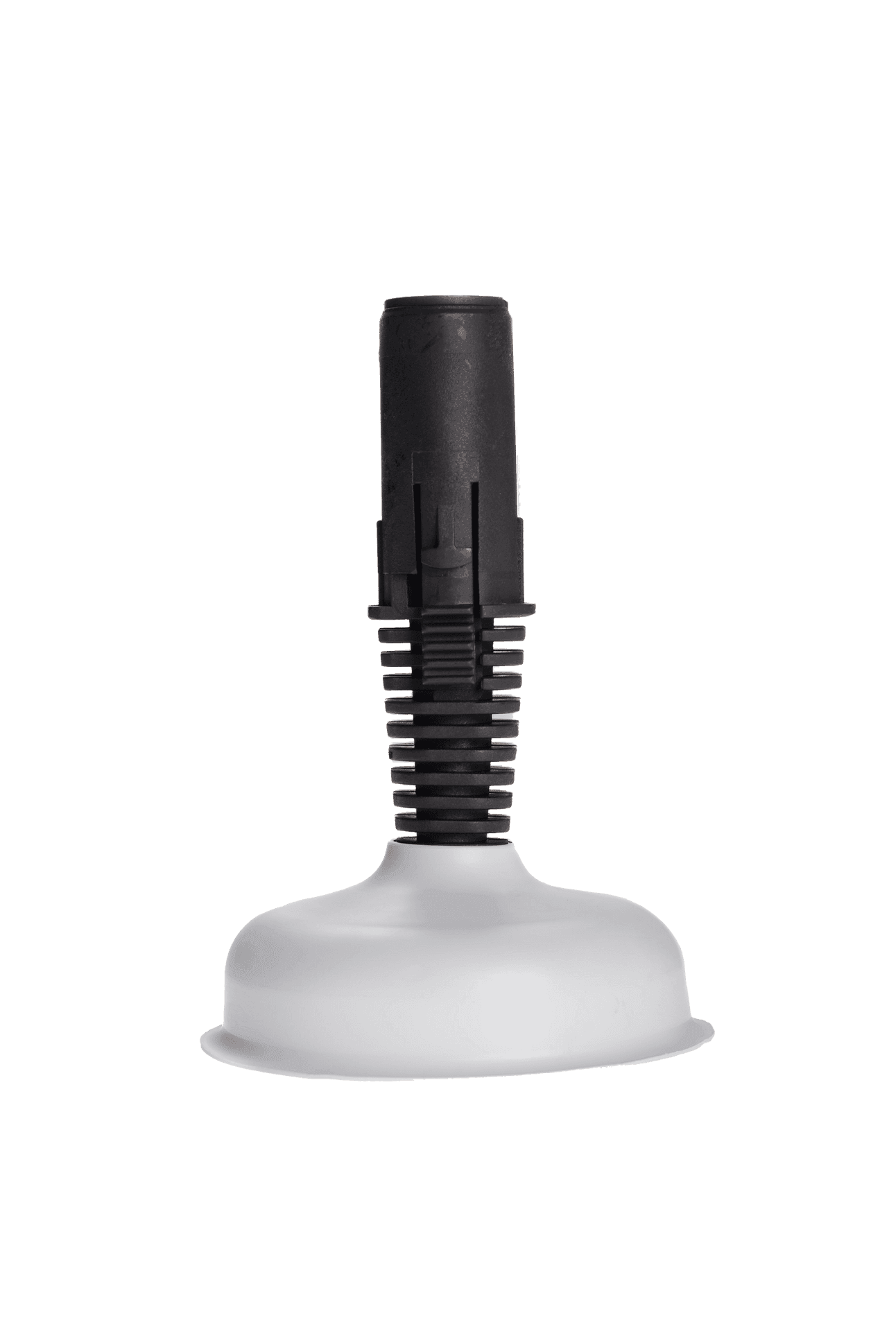 Black and white suction cup device with a corrugated spring mechanism.